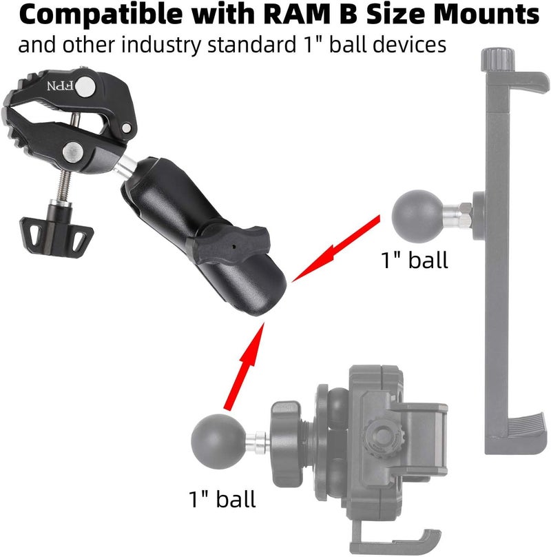FPN 1'' Ball Handlebar Base Mount Strong Rod Clamp with 3.54'' Length Double Socket Arm for Rails 0.5" to 2.0" in Dia, Compatible with RAM Mounts & Bike Motorcycle Phone Mount Holder - Image 3